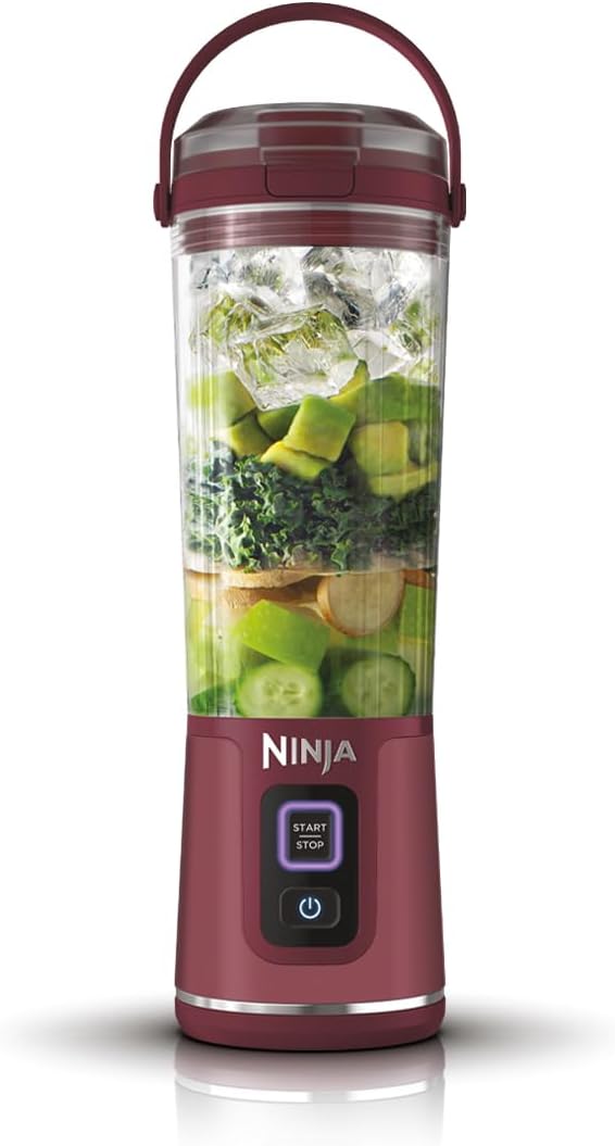Ninja Blast Portable Blender. 30-second blend. BlastBlade(TM) Assembly. Crushes Ice. under 800g. Sip Lid. BPA Free. Re-chargeable Base. USB-C Charging Cord. 470ML. Ninja BC151SMCR. Cranberry Red
