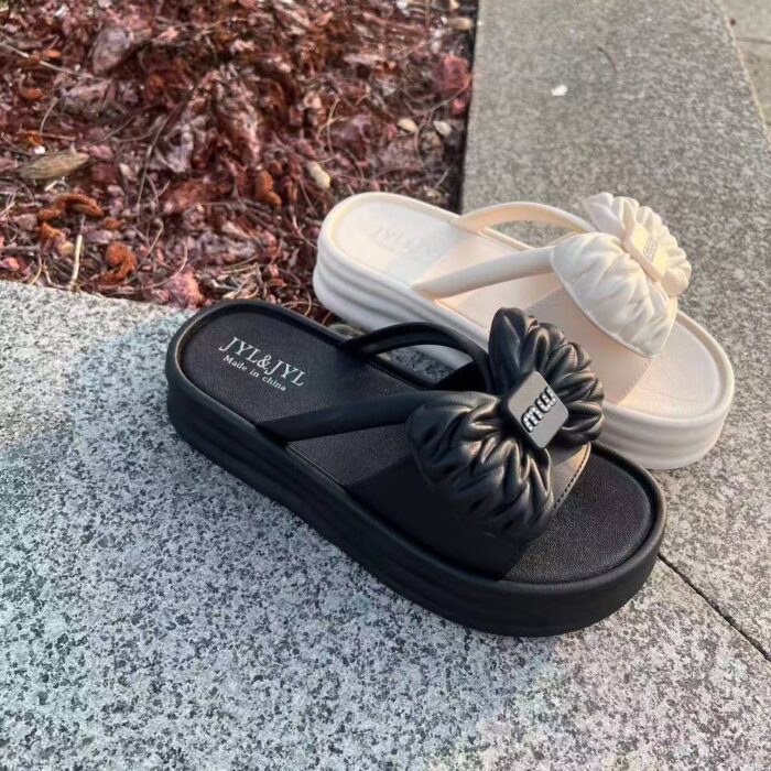 2026 New Fashionable Women's Outdoor Bow-Tie Slippers, Summer New Korean Style Casual Flat Lightweight Thick-Soled Sandals
