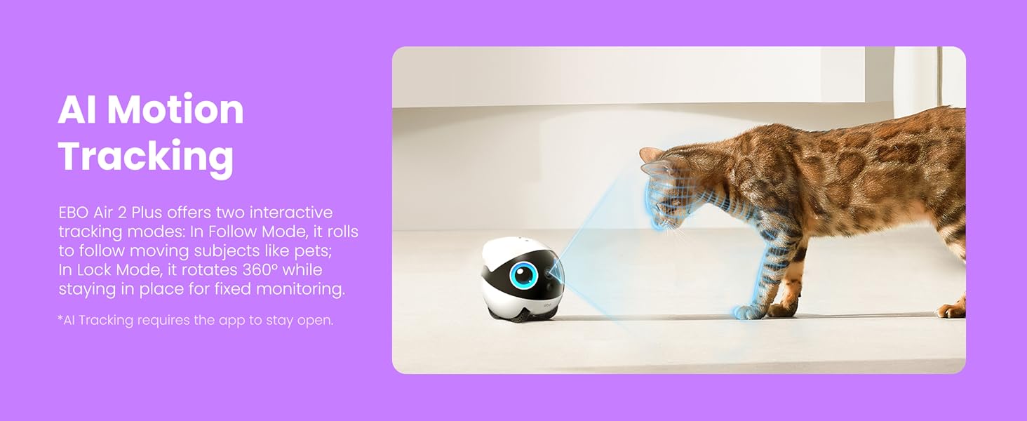 Indoor Security Camera Robot EBO Air 2 PLUS: 2K Pet Camera. Movable Home Robot. Custom Facial Expression. Auto-Recharge. Battery-Operated. 2-Way Talk. Night Vision. 32GB Memory Card