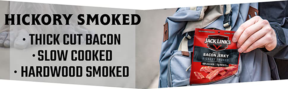 Jack Link's Bacon Jerky, Hickory Smoked - Flavorful Ready to Eat Meat Snack with 11g of Protein per Serving, Made with 100% Thick Cut Real Bacon, Protein Snack, Keto Friendly, 2.5 oz. (Pack of 4)