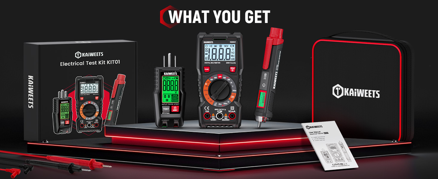 KAIWEETS Electrical Test Kit KIT01, Digital Multimeter, Smart Non-Contact Voltage Tester & GFCI Outlet Tester with LCD, Complete Set with Carrying Case & Batteries for Electrician, DIY & HVAC