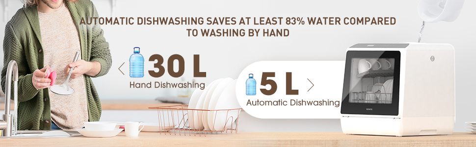 NOVETE Portable Countertop Dishwashers. Compact Dishwashers with 5L Built-in Water Tank & Inlet Hose. 5 Washing Programs. Baby Care. Air-Dry Function and LED Light for Small Apartments