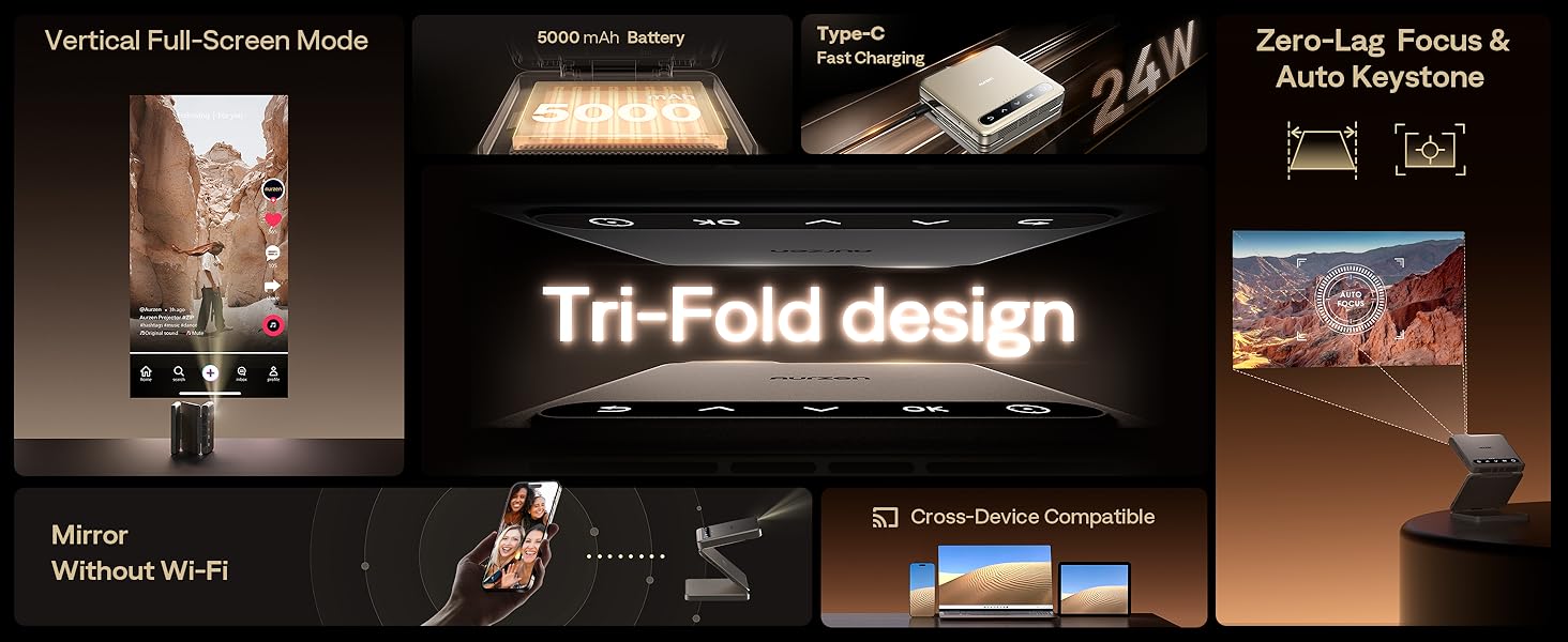 Aurzen ZIP Tri-Fold DLP Truly Mini Projector. Pocket Size. Zero-Lag Focus. One-Click Screen Mirroring. Full-Screen Mode. Type-C Fast Charging. 5.000mAh Battery. Indoor Outdoor Portable Projector.Gold