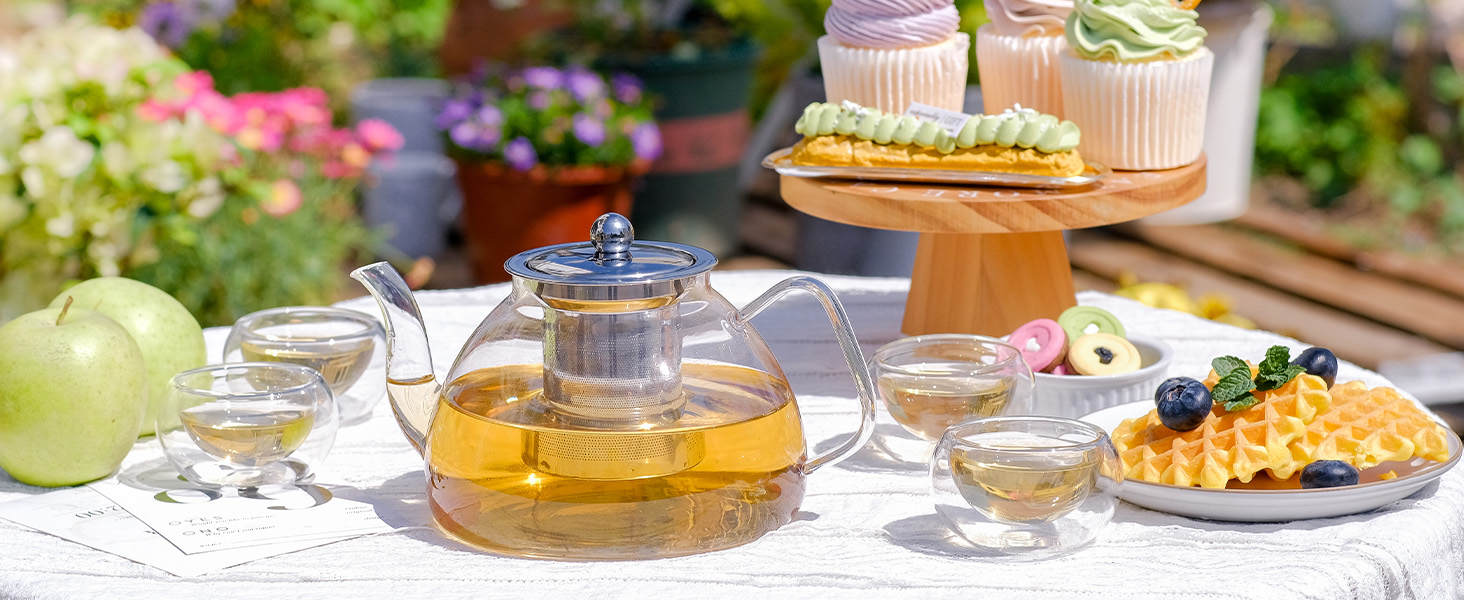 1200ml/40 oz Glass Teapot with 4 Double Wall Teacups and Removable Stainless Steel Infuser. Tea Sets for Adults. Clear Tea Kettle Stovetop Safe for Loose Leaf and Blooming Tea.Gifts for Christmas