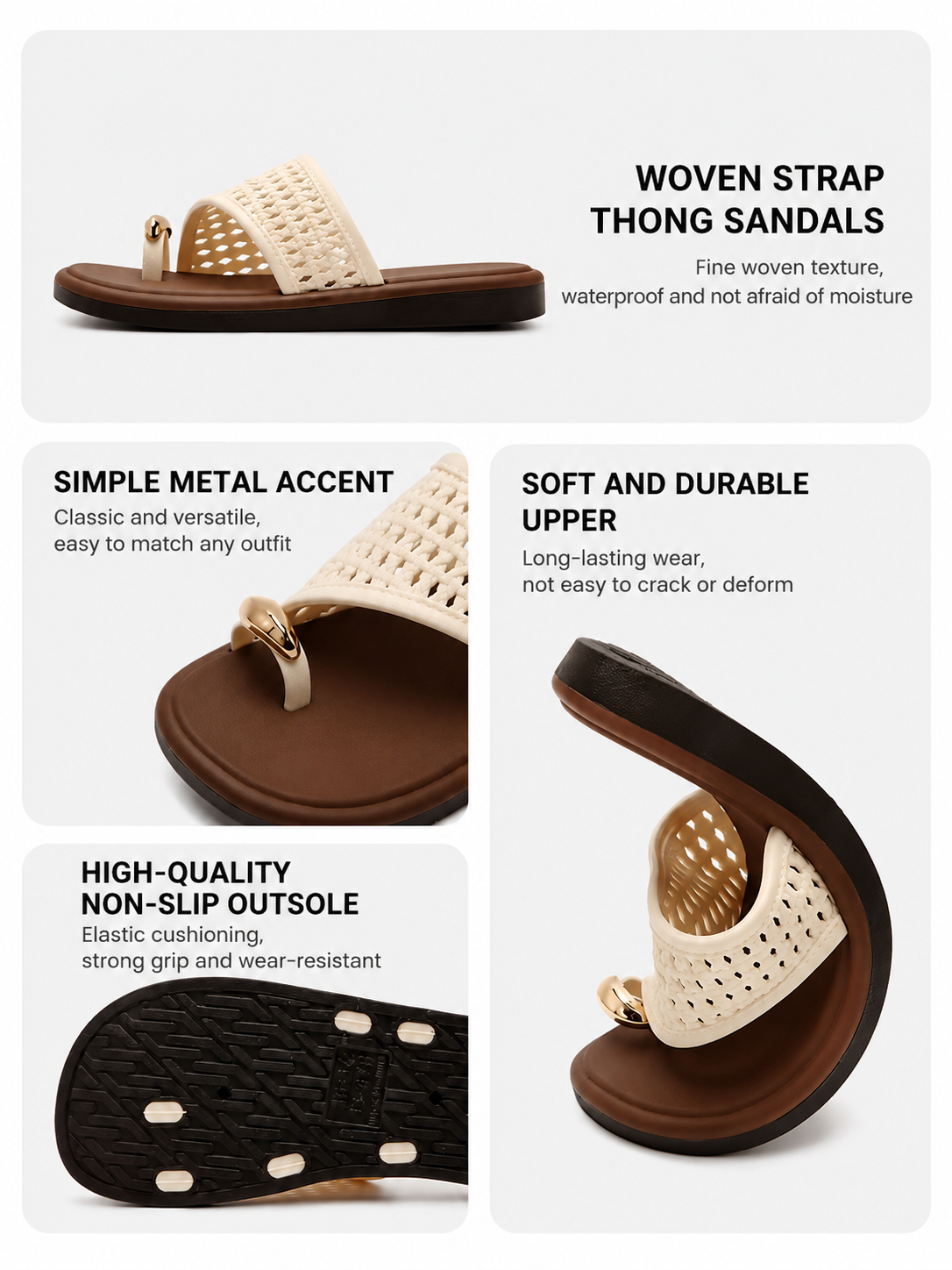 Thin, relaxed style, one-strap woven flip-flops for women, perfect for summer, non-slip, flat, and suitable for vacations and beaches.